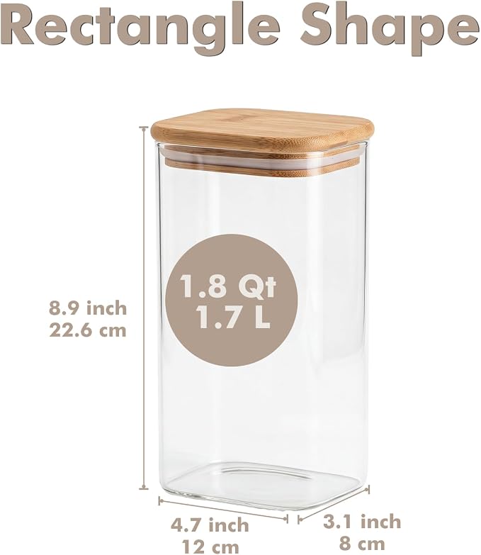 3-Pack 1.8Qt Rectangle Glass Storage Jars with Bamboo Lids | Minimalist Kitchen Organizer,Scandinavian Style Storage,Nordic Style Storage,Food Storage Canister for Pasta, Penne, Macaroni