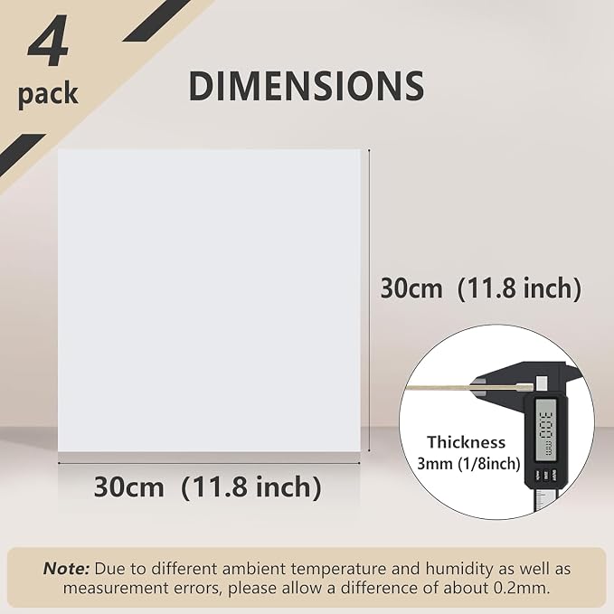 4 Pack Pre-Painted Colored Plywood Sheets,12x12x1/8 Inch (3mm) Basswood Board,Ideal for Laser Cutting, Engraving, DIY Crafts, Ornaments, Models Making (White)
