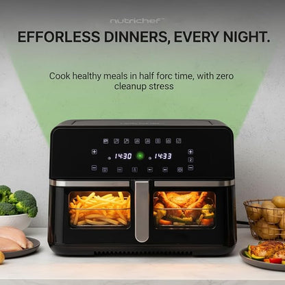 NutriChef Double Basket Air Fryer 8.8 QT | Family Size Oil Free Digital Cooker with Transparent Window | 9-1 Preset Cooking Options | 360° Hot Air Circulation Technology | 4.4 QTs per Basket | Black