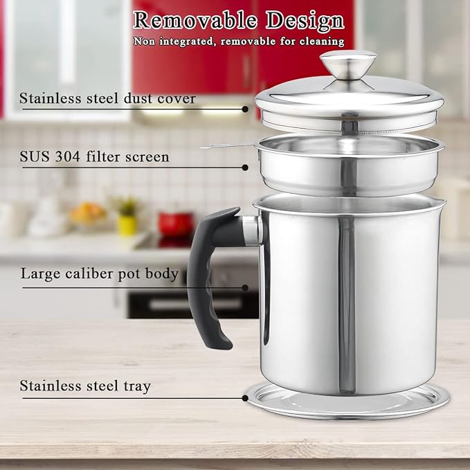 Kyraton Bacon Grease Container With Strainer, 48 oz Stainless Steel Oil Container, Pot Fat Storage With Lid, Easy Grip Handle Suitable For Storing Frying Oil And Cooking Grease 1. Silver