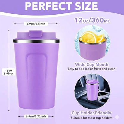 Volhoply 12 oz Double Wall Insulated Vacuum Travel Coffee Mug with Flip Lid,Reusable Stainless Steel Leak Proof Coffee Cup,Portable Cafe Thermal Tumbler Suitable for Hot & Cold Drinks(Purple,1 Set)