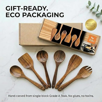 6-Piece Teak Wooden Cooking Utensil Set – Wooden Spoons & Spatulas for Nonstick Cookware, Non-Toxic Eco-Friendly Kitchen Tools– Ideal Father Day Gift for Dad!