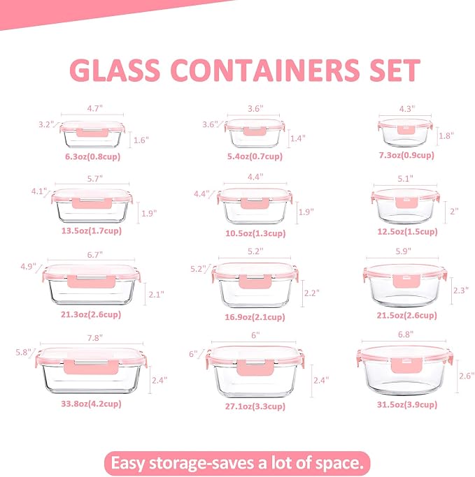 KOMUEE 24 Pieces Glass Food Storage Containers Set, Meal Prep Containers, BPA-Free Airtight Glass Storage Containers with lids,Freezer, Microwave and Oven Safe,Pink
