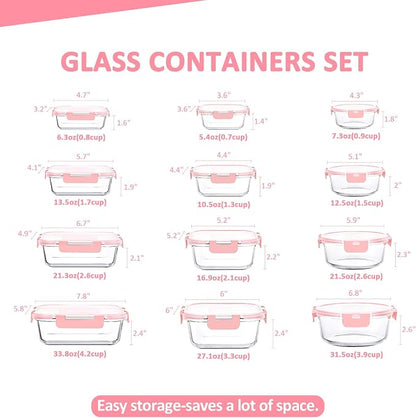 KOMUEE 24 Pieces Glass Food Storage Containers Set, Meal Prep Containers, BPA-Free Airtight Glass Storage Containers with lids,Freezer, Microwave and Oven Safe,Pink