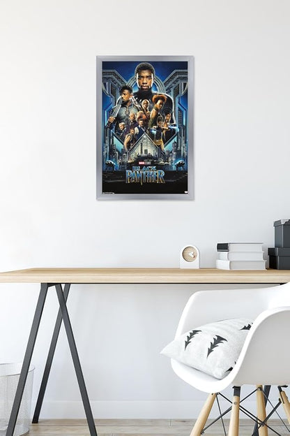 Trends International Marvel Cinematic Universe - Black Panther - Group One Sheet Wall Poster, 14.725" x 22.375", Silver Framed Version