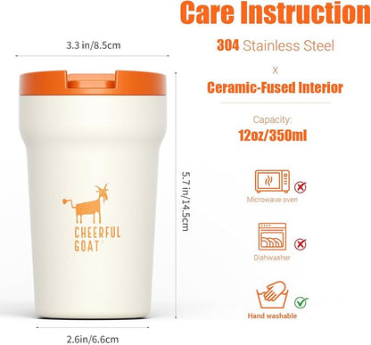 CHEERFUL GOAT Ceramic Lined Coffee Travel Mug – Stainless Steel Travel Coffee Tumbler with Ceramic Liner, with lid, 12oz Coffee Cup for Hot and Cold Water Coffee at Home, Office, or On the Go (white)