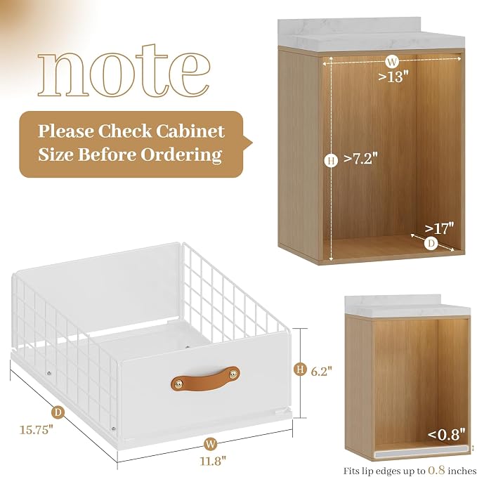 Pull Out Cabinet Organizer, No-Drill Pantry Drawers, Slide Out Shelves with Bamboo Risers for Lipped Cabinets,Ideal for Kitchen, Bathroom & Under Sink Storage (White, 11.8" Wide-15.7" Deep)