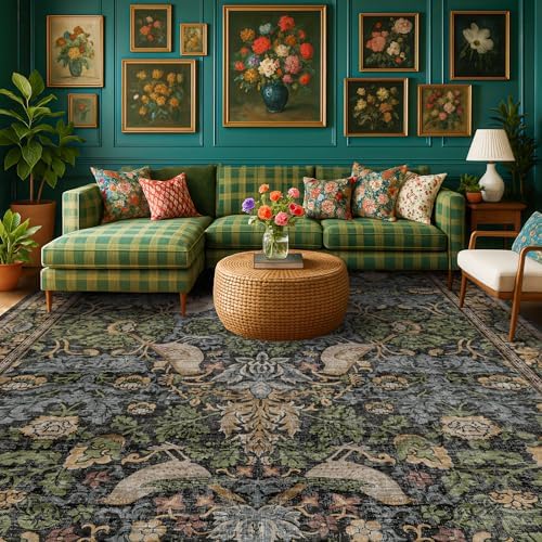 Botanical 10x14 Area Rug for Living Room, Extra Large Bedroom - Washable Rug for Dining Room Under Table Stain Resistant, Brown Green Boho Bird Vintage, Soft Floor Carpet Low Pile