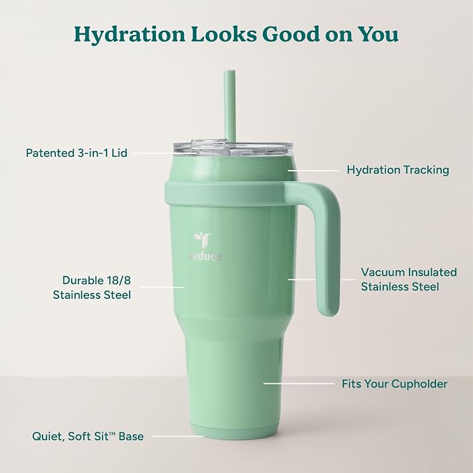 REDUCE 40 oz Stainless Steel Tumbler with Handle - Dual-Wall Vacuum Insulated Travel Mug, Sweat-Proof Lid & Reusable Straw - Keeps Drinks Cold for 24 Hrs, Fits Cupholders, Dishwasher Safe - Matcha