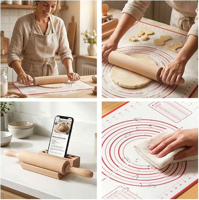 Rolling Pin Set for Baking, Wooden Dough Roller with a 24×16 Inch Silicone Mat and Stand, Kitchen Pastry Baking Accessories for Pie Crust, Cookies, Pizza Dough and Bread