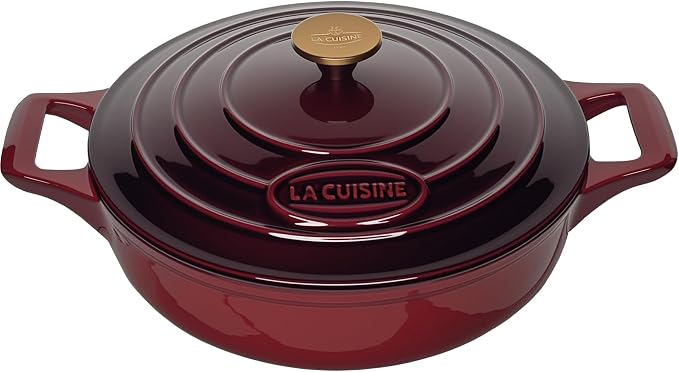 La Cuisine Enameled Cast Iron Braiser Shallow Dutch Oven Braising Sauté Pan 3.75 QT 11" Dia. Internal Matt Black Enamel Coating, Cranberry, Golden Lid Knob, Oven Safe, Induction Cooktop Compatible
