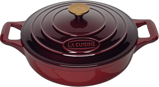 La Cuisine Enameled Cast Iron Braiser Shallow Dutch Oven Braising Sauté Pan 3.75 QT 11" Dia. Internal Matt Black Enamel Coating, Cranberry, Golden Lid Knob, Oven Safe, Induction Cooktop Compatible