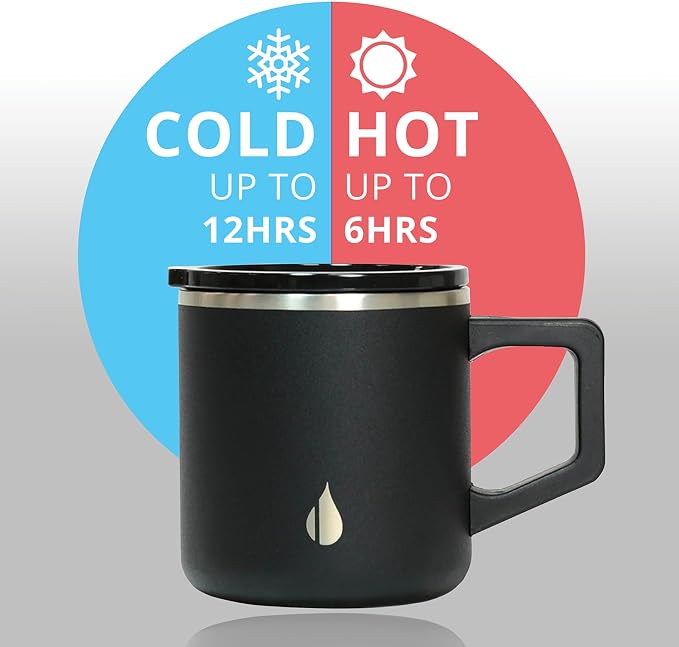 Elemental Insulated Coffee Mug - Triple-Wall Stainless Steel Summit Travel Cup for Hot and Cold Drinks - Thermal Coffee Mug with Lid and Handle for Camping, Office & Travel 12oz - Black