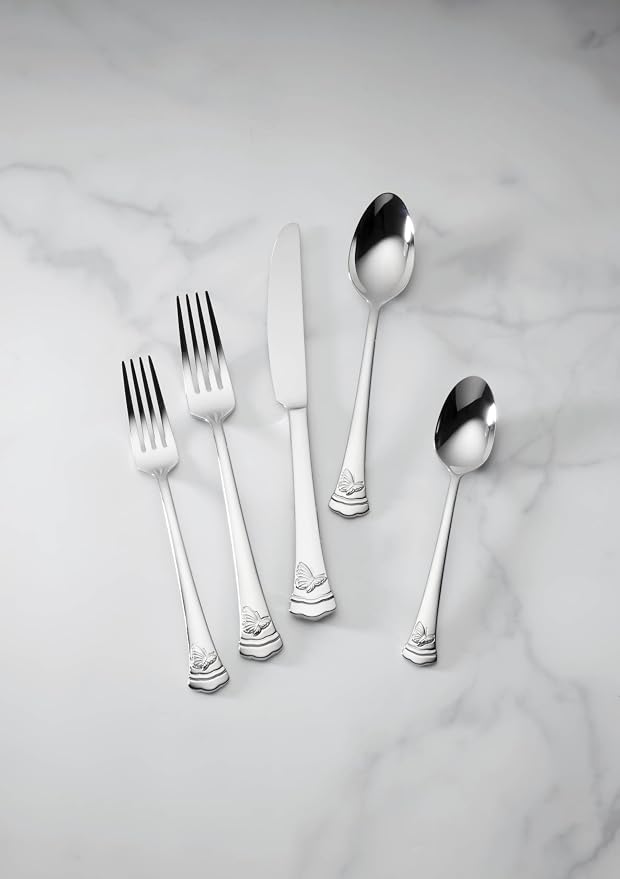 Lenox Silverware Set, Butterfly Meadow II Mirror 65-Piece Flatware Set, Service For 12, 18/10 Stainless Steel, Dishwasher Safe, Cutlery Sets, Utensils Sets, Knives Spoons & Forks (Silver, 65 Pieces)