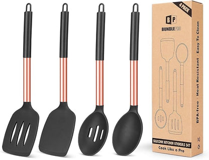 Pack of 4 Silicone Cooking Utensils Set, Non Stick Large Solid Spatulas, Heat Resistant Rose Gold Black Slotted Spoons, Ideal BPA Free Kitchen Turners for Frying, Mixing,Serving,Draining,Turning