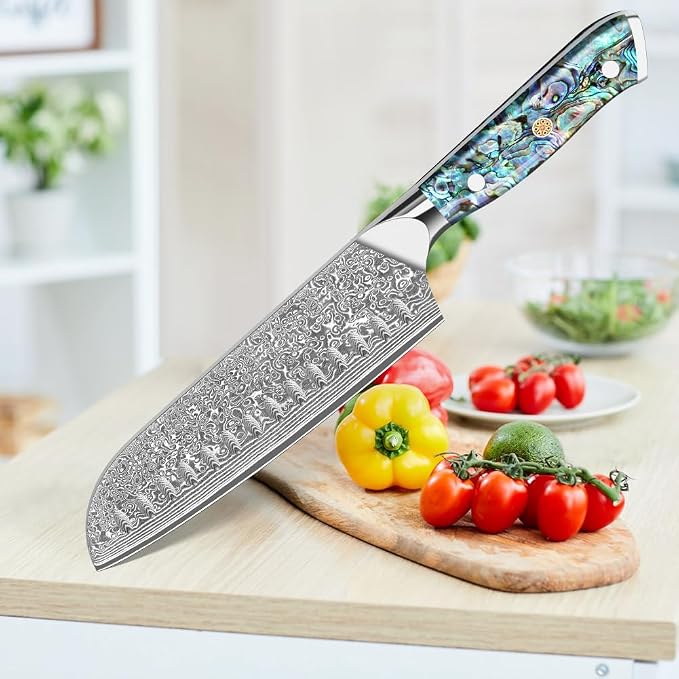 KEENZO Damascus Santoku Knife 7 inch, Razor Sharp Professional Chef Knife, Japanese Hand Forged 67 Layers Hammered Damascus Blade, Ergonomic Abalone Shell Handle Cooking Knife with gift box