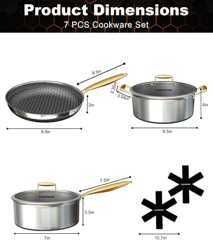 FogDream Non Stick Frying Pots and Pans Set, 9.5in Frying Pan, 5-Quart Soup Pot & 2.3-Quart Sauce Pan, Tri-Ply Stainless Steel Skillet for All Cooktops, Dishwasher & Oven-Safe Cookware Set, Gold
