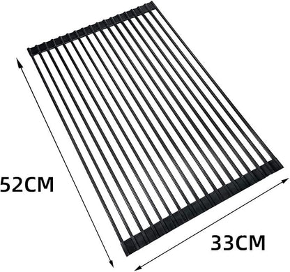 Roll Up Dish Drying Rack Over The Sink.Foldable Kitchen Drainer,Fully Silicone Cover Stainless Steel Bar,Heat-Resistant, Anti-Slip Sink Rack for Kitchen Counter Black,20.5 x 13 Inch