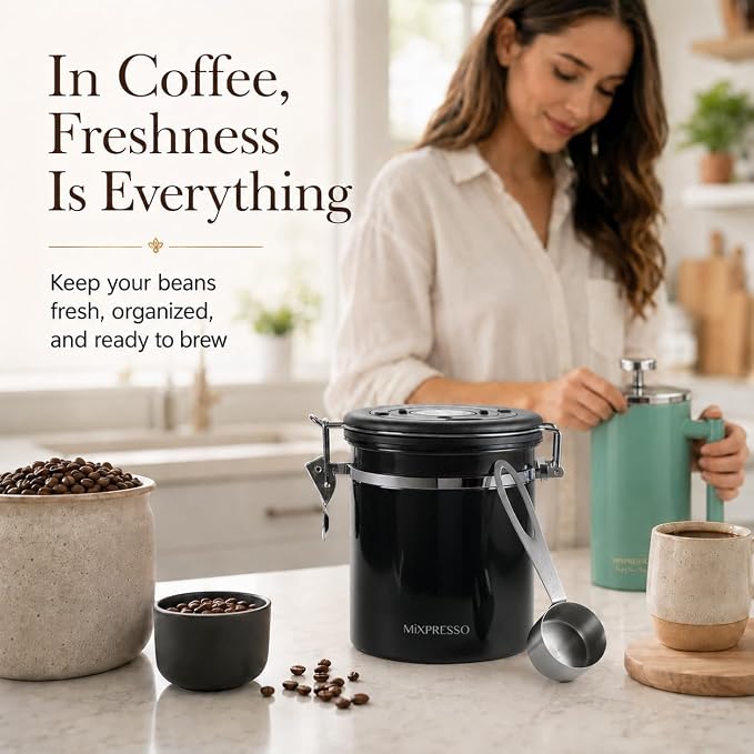 Mixpresso 16 Oz Black Coffee Canister, Stainless Steel Airtight Coffee Container, Air tight Jar Tea Storage with Date Tracker, Vacuum Sealed Espresso Airtight Canister, Sugar Container for Home