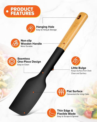 Silicone Heavy-Duty Spatula, Great For Tough Mixing And Stirring, Sturdy Bpa-Free Matte Silicone, Wooden Handle Rubber Scraper For Nonstick Cookwares (BLACK)