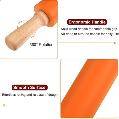 HARFINGTON Silicone Rolling Pins for Baking 15 Inch Wooden Handle Non Stick Rolling Pin Small Roller Playdough Rolling Pins for Dough Pizza Pastry Fondant Kitchen, Orange