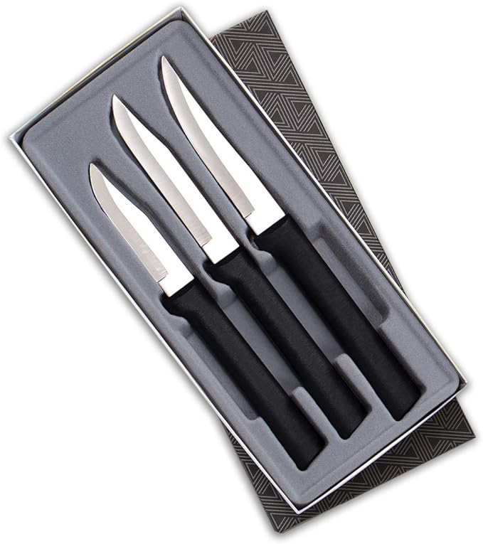 Rada Cutlery Paring Knife Galore Gift Set (G201) with Quick Edge Sharpener (R119), 3-Piece Knife Set and Knife Sharpener, Stainless Steel Blades, Black Handle