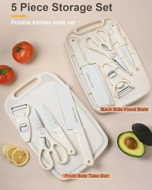 SUJAYU 5 in 1 Mini Knife and Cutting Board Set, Small Camping Cutting Board Cutting Board Scissors, Dorm Kitchen Essentials Travel Knife Set (Beige)