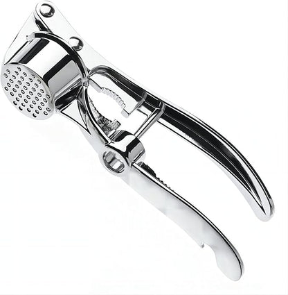 5-in-1 Stainless Steel Garlic Press, Multi-Function Kitchen Gadget with Mincer, Crusher, Bottle Opener, Pit Remover