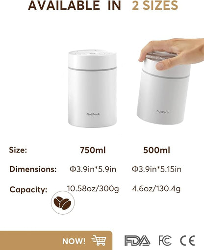 OUTPEAK Neo 2026 Auto Vacuum Coffee Canister, 0.75L Capacity for 10.58oz of Coffee Beans, One-Button Operation, Stainless Steel Coffee Storage Container with Scoop White (Champion's Choice)