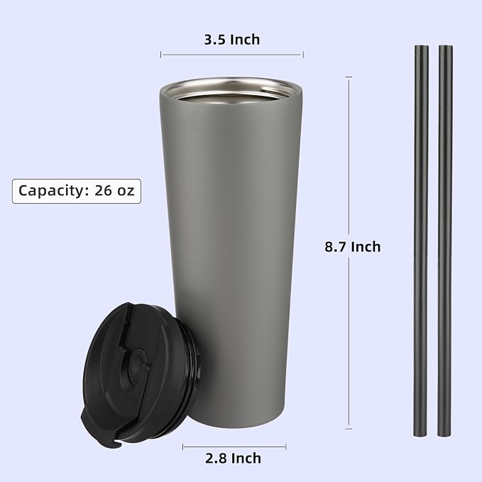 Konokyo 26 OZ Insulated Tumbler with Lid and 2 Straws Stainless Steel Water Bottle Vacuum Travel Mug Coffee Cup,Gray