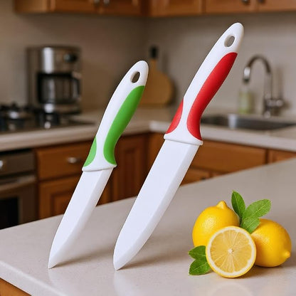 2 PCS Professional Ceramic knife 6”Meat knife 4” Fruit Knife,Kitchen knife with Sheaths,Zirconia Blade with Ergonomic Handle,Use for Meat Fruit Vegetable Bread and Butter (Green and Red)
