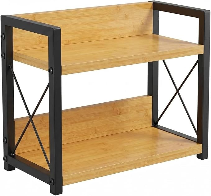 2-Tier Countertop Organizer, Iron-Wood Coffee Station Shelf, Heavy Duty Kitchen Counter Spice Rack for Coffee Bar, Pantry, Bathroom Storage (Bamboo)