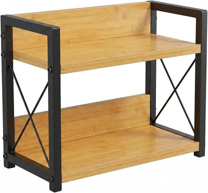 2-Tier Countertop Organizer, Iron-Wood Coffee Station Shelf, Heavy Duty Kitchen Counter Spice Rack for Coffee Bar, Pantry, Bathroom Storage (Bamboo)