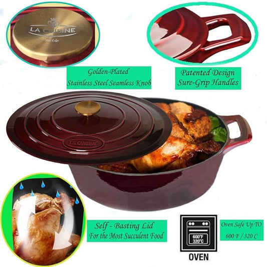 La Cuisine Enameled Cast Iron Oval Dutch Oven Casserole Dish Pot with Lid 6.75 QT Internal Matt Black Enamel Coating for bread baking, Gold-Plated Stainless Steel Lid Handle, Oven Safe up to 500° F. Cranberry