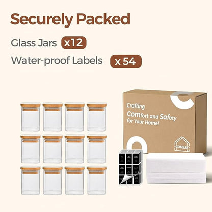 ComSaf Spice Jars with Labels 6 oz 12Pack, Small Spice Containers Starter Set, Glass Seasoning Jars with Lids, Square Seasoning Containers for Salt, Pepper, Chili Powder, Sugar, Ginger Ground, Cumin