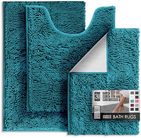 Hearth & Harbor Bathroom Rugs, Chenille Bath Mat - Machine Washable Bath Mats for Bathroom Non-Slip Backing Rubber, Quick Dry - Teal Blue Bath Rug, 17x24-20x32-20x24