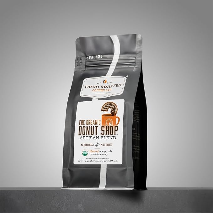 Fresh Roasted Coffee, Organic Donut Shop Whole Bean Coffee, Medium Roast, USDA Organic, Kosher, 12 oz