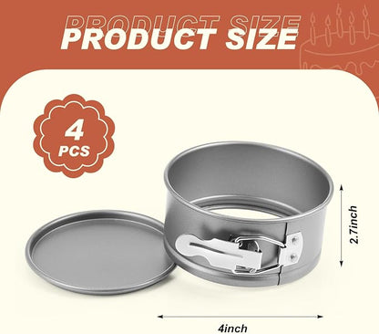 Funnymoom 4 Pcs 4 Inch Non Stick Springform Pan with Removable Bottom Carbon Steel Round Springform Cheesecake Pan with Stainless Steel Spring Buckles for Baking Kitchens Restaurant(Gray)