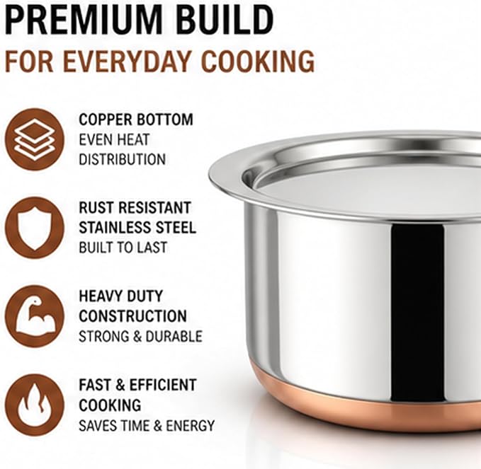 CRAFTONE Stainless Steel Copper bottom Tope Set with Lid, Cookware Set of 3 Pcs Gas Stove Friendly multi purpose Container Pot Set (60 Oz, 47 Oz and 33 Oz)