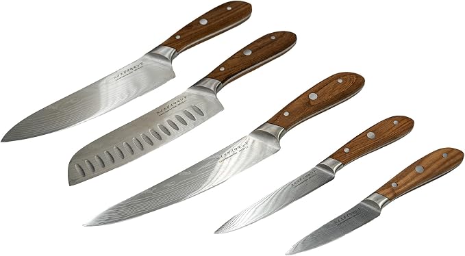 Swiss Diamond Chef Knife Set, German Steel with Carbonized Ash Wood, Full Tang Handle, Damascus Blade Chef Knives Professional Grade, 55+2 Rockwell Hardness, Set Of 5