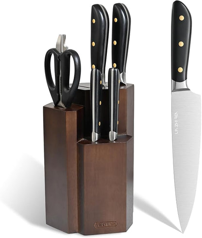 7 Piece Kitchen Knife Block Set, Stainless Steel Knives with Sharpener for Chopping, Dishwasher Safe (Black)