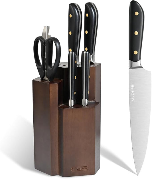 7 Piece Kitchen Knife Block Set, Stainless Steel Knives with Sharpener for Chopping, Dishwasher Safe (Black)