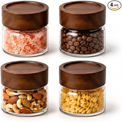 Wide Mouth Glass Storage Jars With 2.5" Acacia Wood Lids - 4 Pack of 4 Oz Food Storage Containers - Borosilicate Glass Canisters Sets For Kitchen - Pantry Organizers and Storage for Rice Coffee Beans