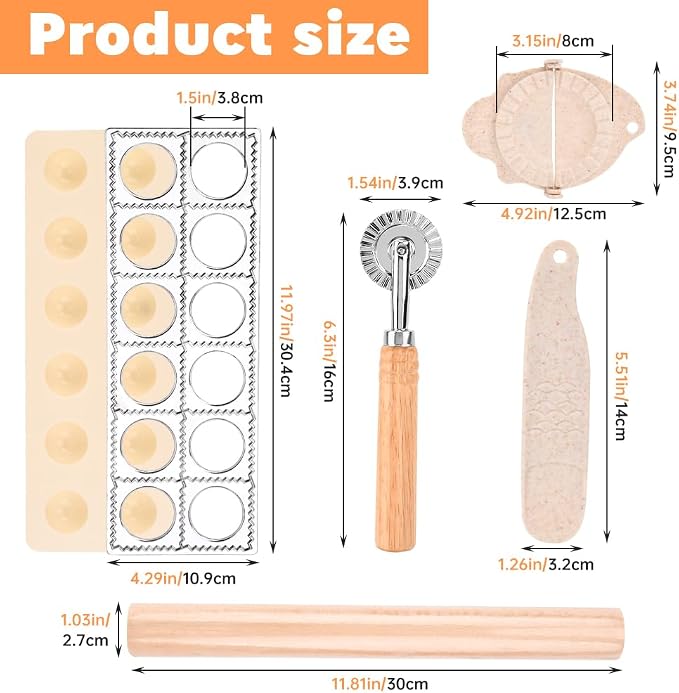5 Pieces Ravioli Mold Set,Includes 12 Holes Ravioli Maker Press, Wood Rolling Pin,Dumpling Press Mold, Filling Spoon,Ravioli Cutter,for Ravioli Press Mold Pasta Making Tools