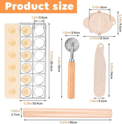5 Pieces Ravioli Mold Set,Includes 12 Holes Ravioli Maker Press, Wood Rolling Pin,Dumpling Press Mold, Filling Spoon,Ravioli Cutter,for Ravioli Press Mold Pasta Making Tools