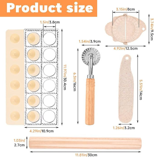 5 Pieces Ravioli Mold Set,Includes 12 Holes Ravioli Maker Press, Wood Rolling Pin,Dumpling Press Mold, Filling Spoon,Ravioli Cutter,for Ravioli Press Mold Pasta Making Tools