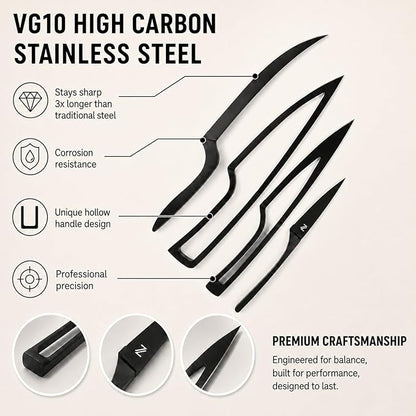 NestKnife Magnetic Kitchen Knife Set - 4 Piece VG10 High Carbon Stainless Steel Kitchen Knives with Patented Space-Saving Nesting Design & Magnetic Block - Ultra Sharp Professional Chef Knife Set