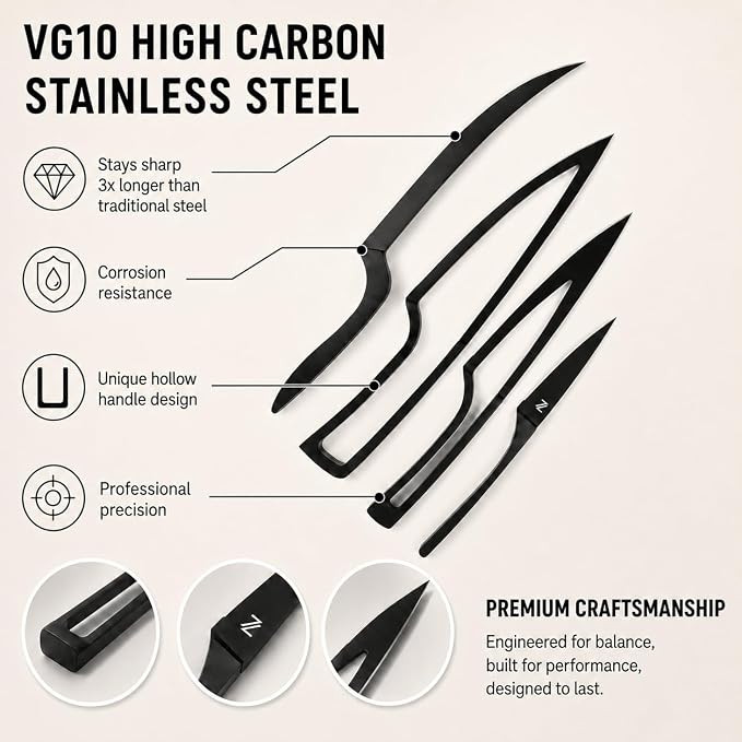 NestKnife Magnetic Kitchen Knife Set - 4 Piece VG10 High Carbon Stainless Steel Kitchen Knives with Patented Space-Saving Nesting Design & Magnetic Block - Ultra Sharp Professional Chef Knife Set