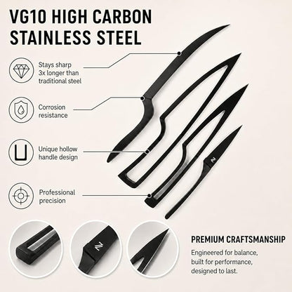 NestKnife Magnetic Kitchen Knife Set - 4 Piece VG10 High Carbon Stainless Steel Kitchen Knives with Patented Space-Saving Nesting Design & Magnetic Block - Ultra Sharp Professional Chef Knife Set