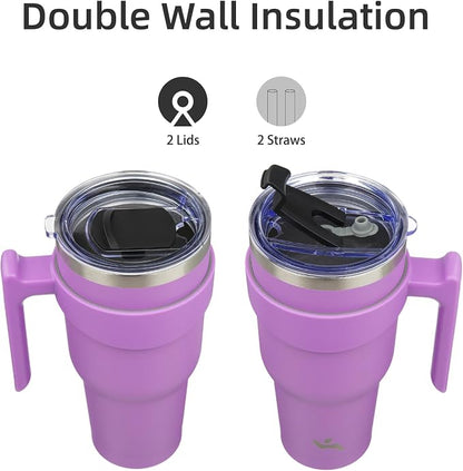 Konokyo 30 oz Tumbler with Handle and 2 Straw 2 Lid, Insulated Water Bottle Stainless Steel Vacuum Cup Reusable Travel Mug,Lavender
